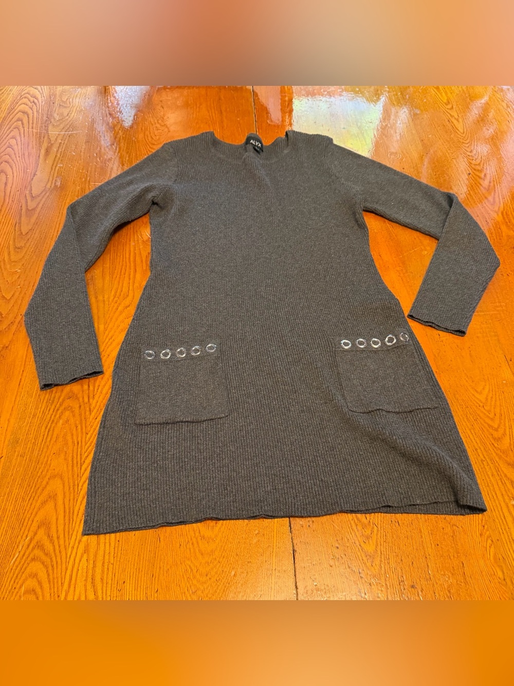Alyx Charcoal Gray Long Sleeve Ribbed Knit Dress, Eyelet-Trim Pockets Size L
